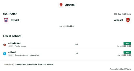 Team next match widget preview