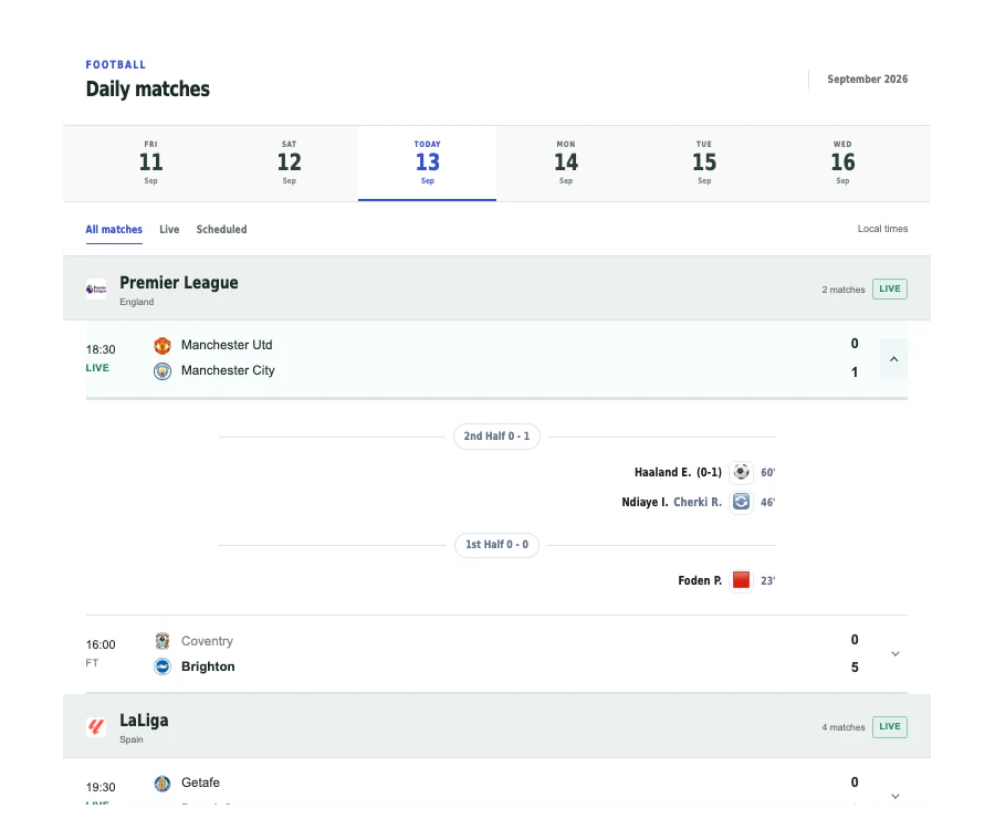 Preview of a football daily matches widget